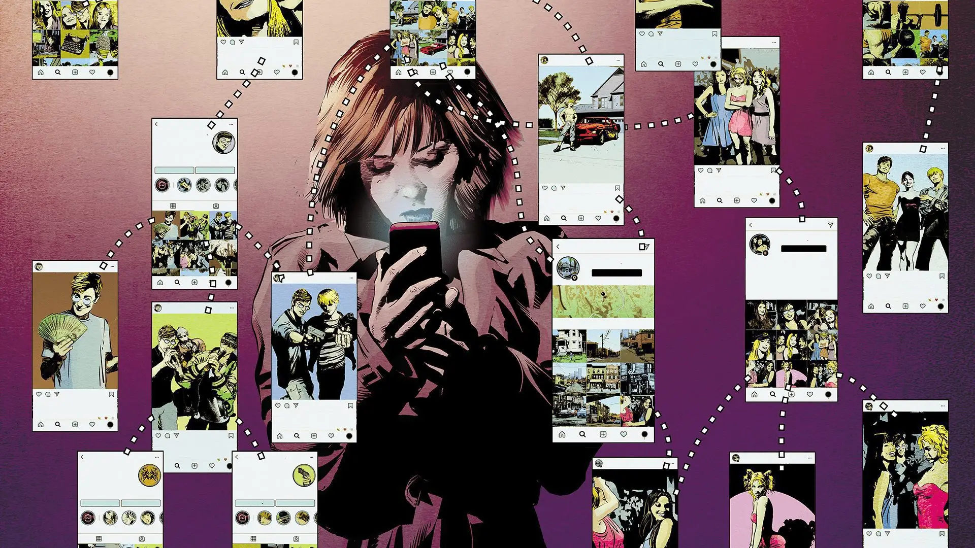 Illustration of a woman looking at her phone, scanning through social media