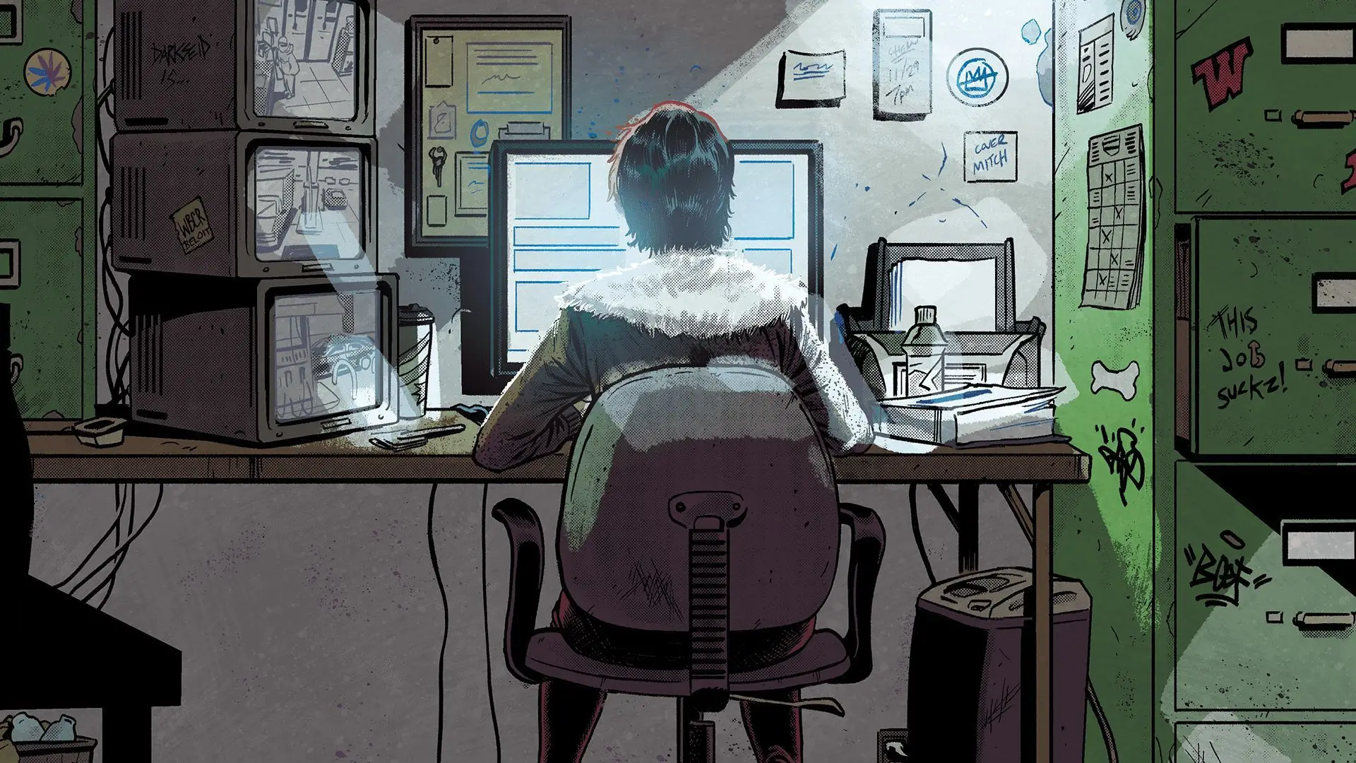 Devil's Highway character sitting at computer