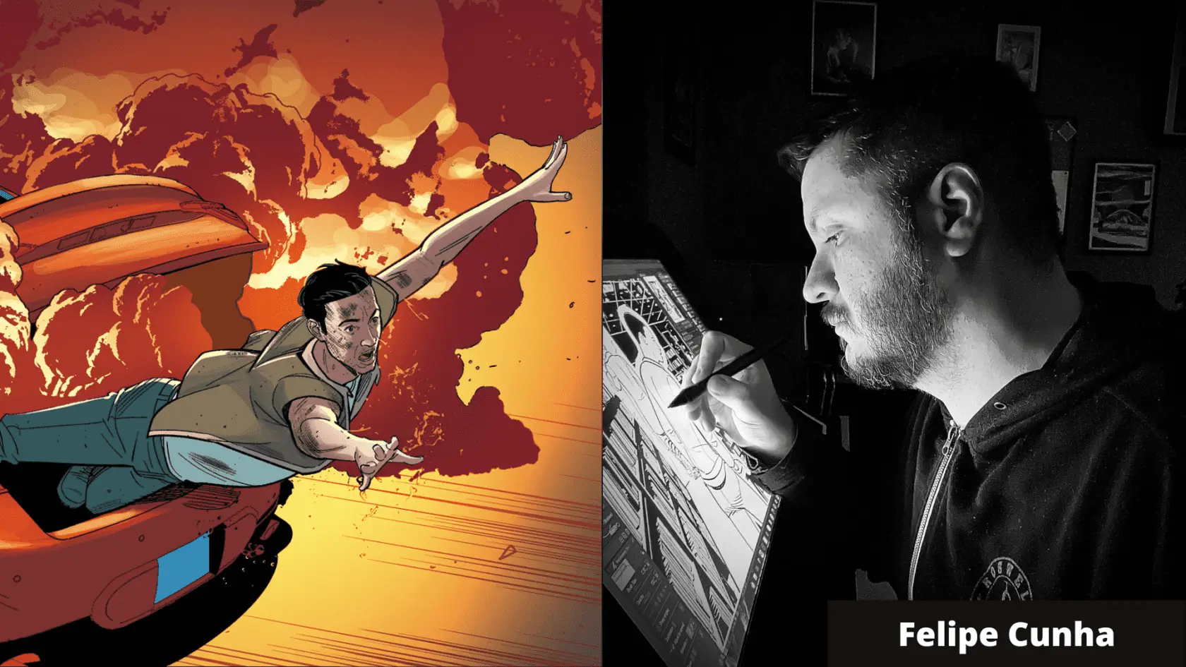 Scene from Little Black Book next to portrait of Felipe Cunha