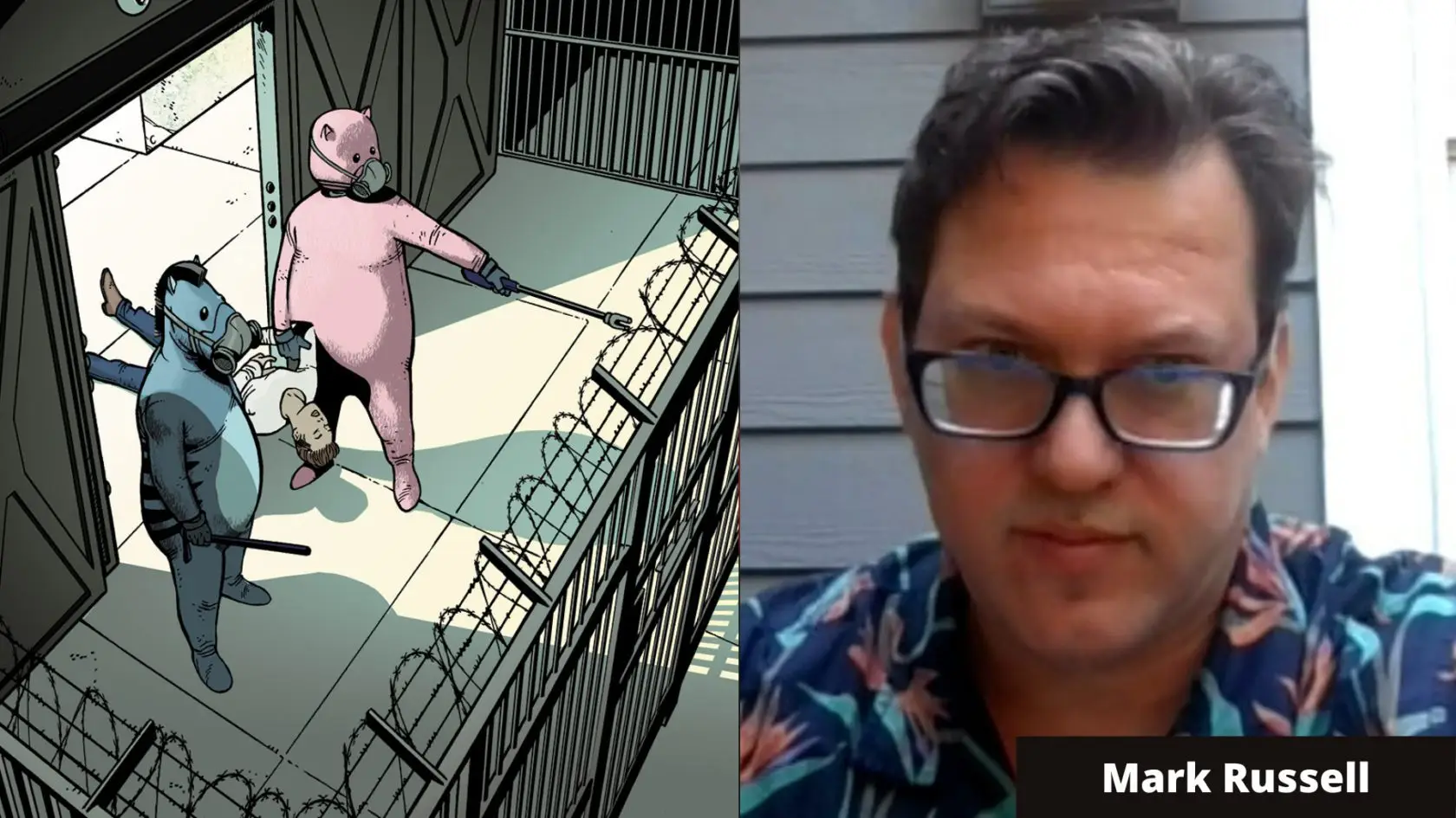 Scene from Not All Robots next to portrait of Mark Russel