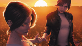 Two women standing in front of a sunset