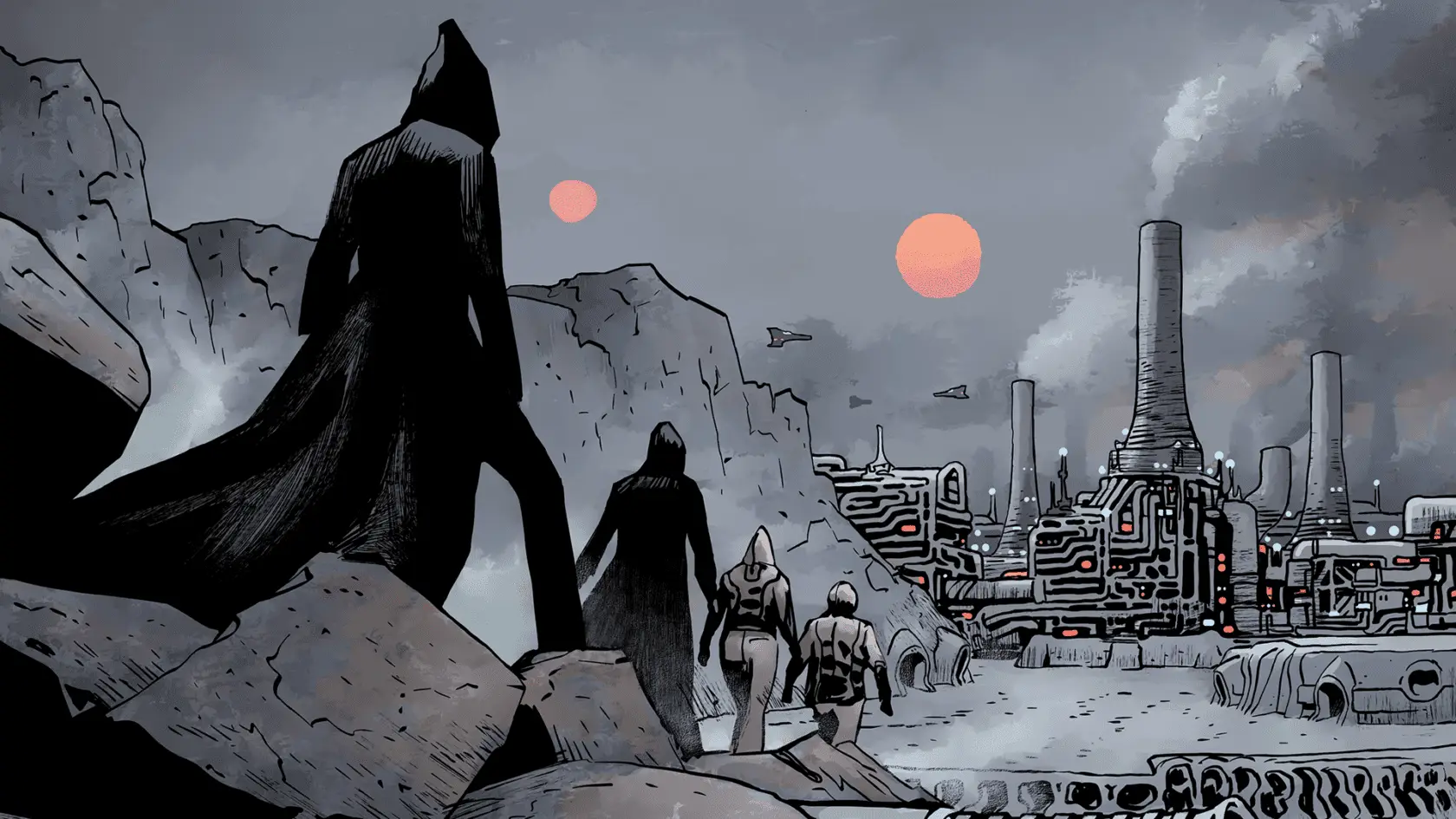 Sacrament scene featuring a line of characters walking through a snowy landscape with a city in the horizon