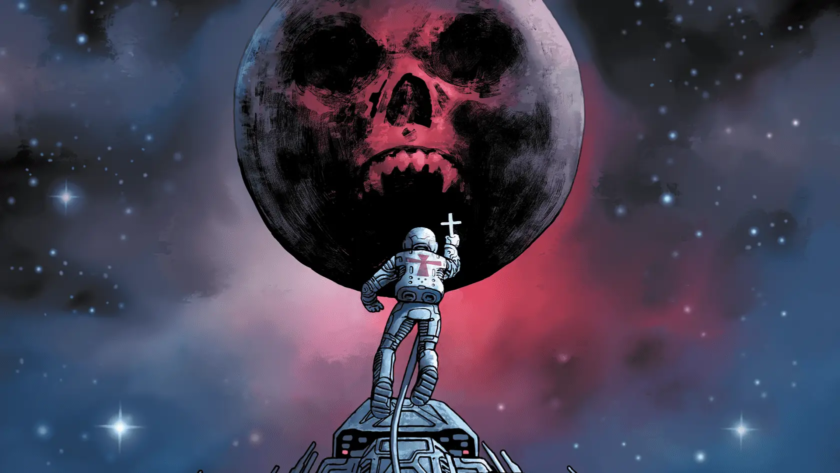 Astronaut reaching towards moon-like object with a skull on it