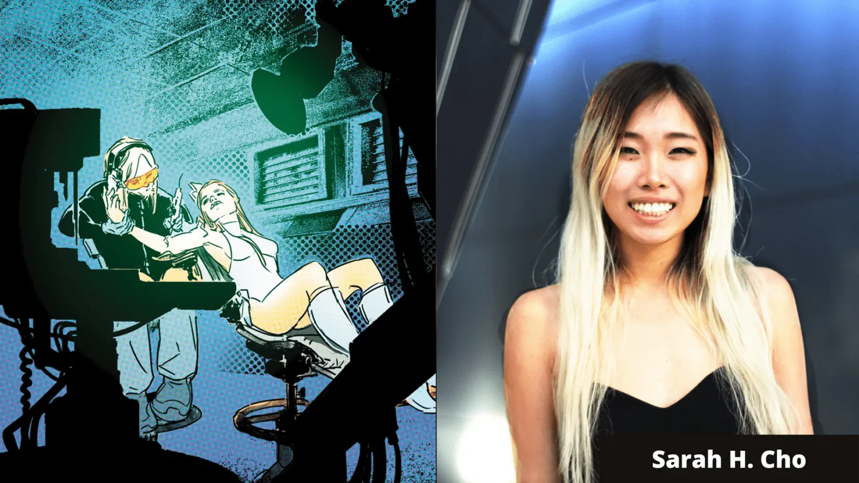 Scene from Camgirl next to portrait of Sarah Cho
